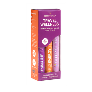 Spectraspray Travel Wellness 3-pack dietary supplement box containing Immune, B12 Energy, and Sleep sprays, shown on a white background.