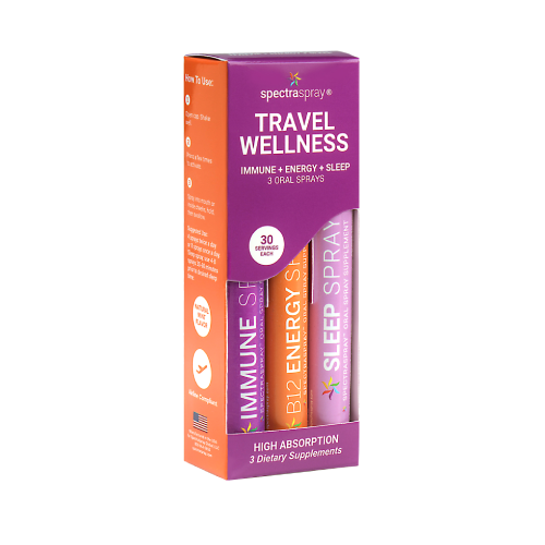 Spectraspray Travel Wellness 3-pack dietary supplement box containing Immune, B12 Energy, and Sleep sprays, shown on a white background.